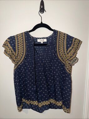 Sea Navy and Mustard Boho Tassel Tie Flutter Sleeve Blouse